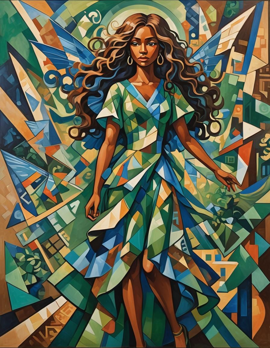 Geometric Fairy with Blue Wings in Cubist Style