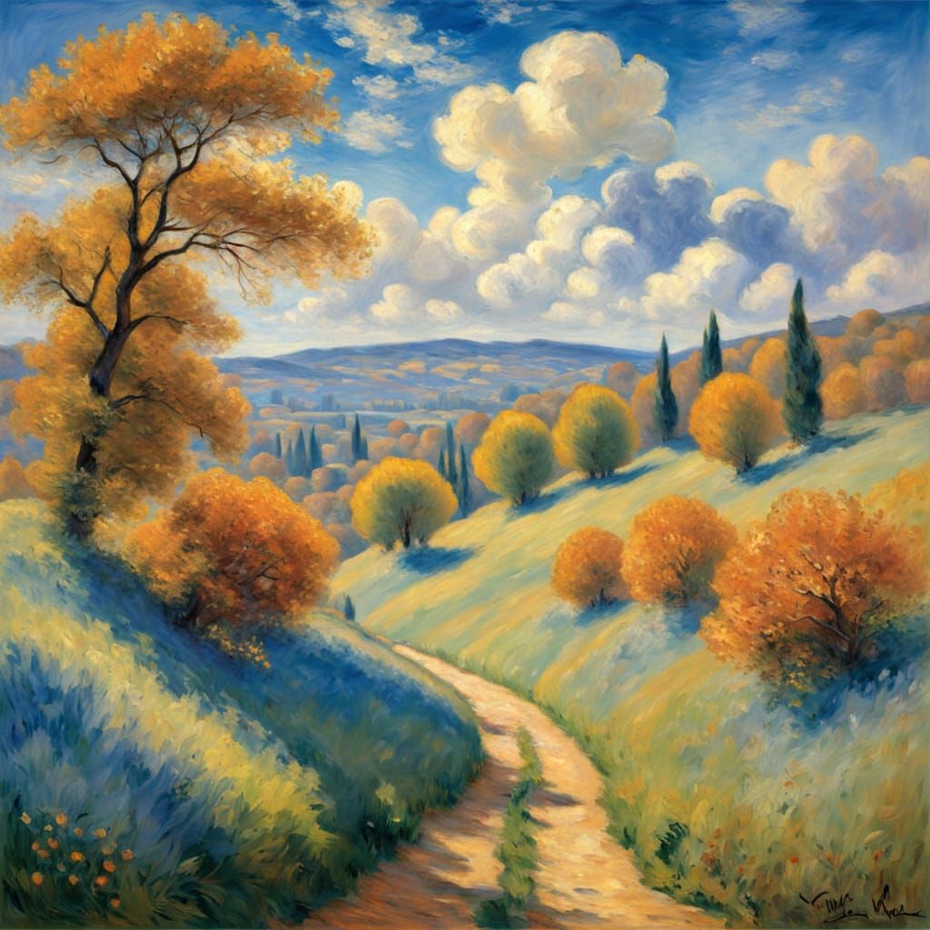 Impressionist Countryside Scene with Bloodhounds Chasing Fox...