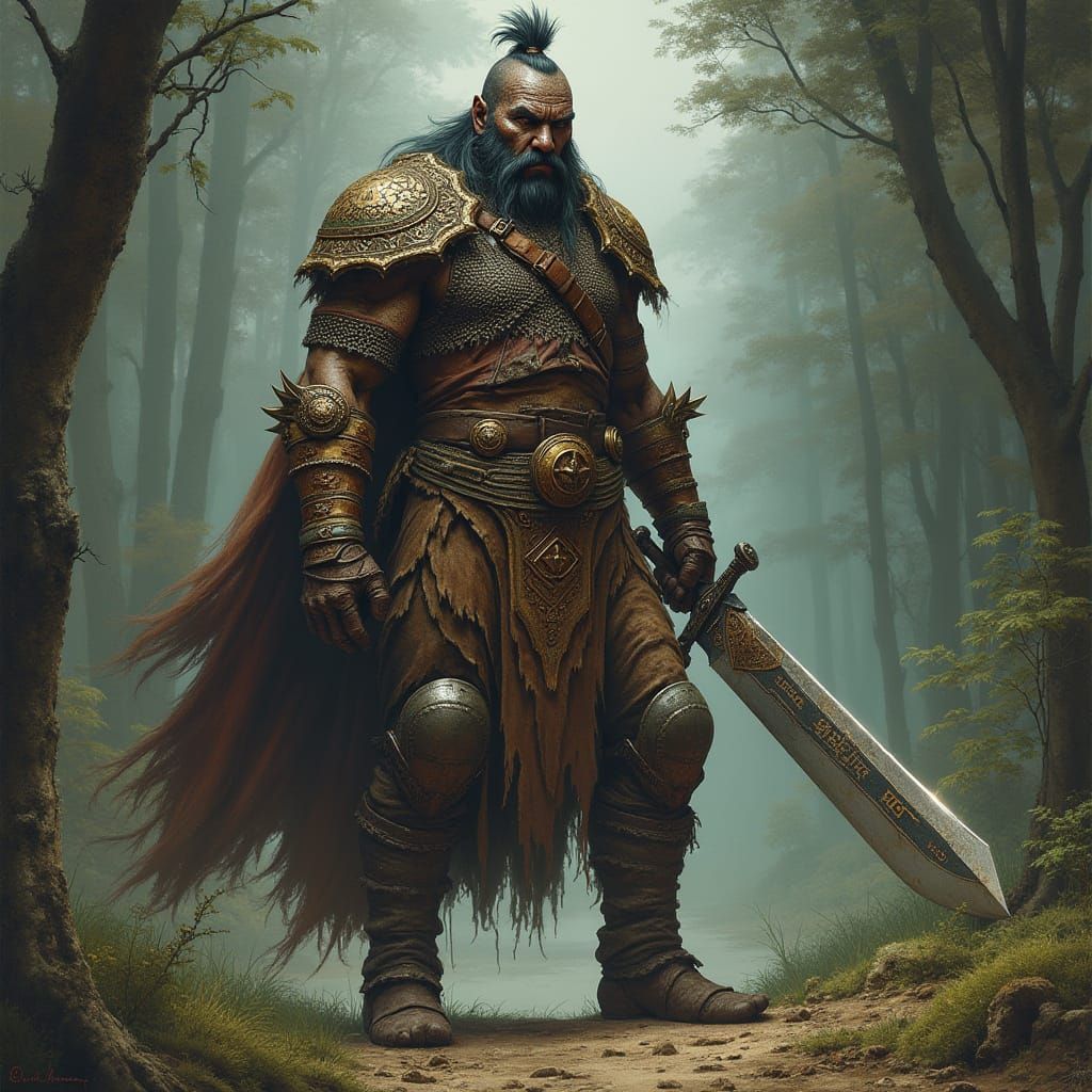 Tribal Warrior in Chainmail Armor, Ready for Battle