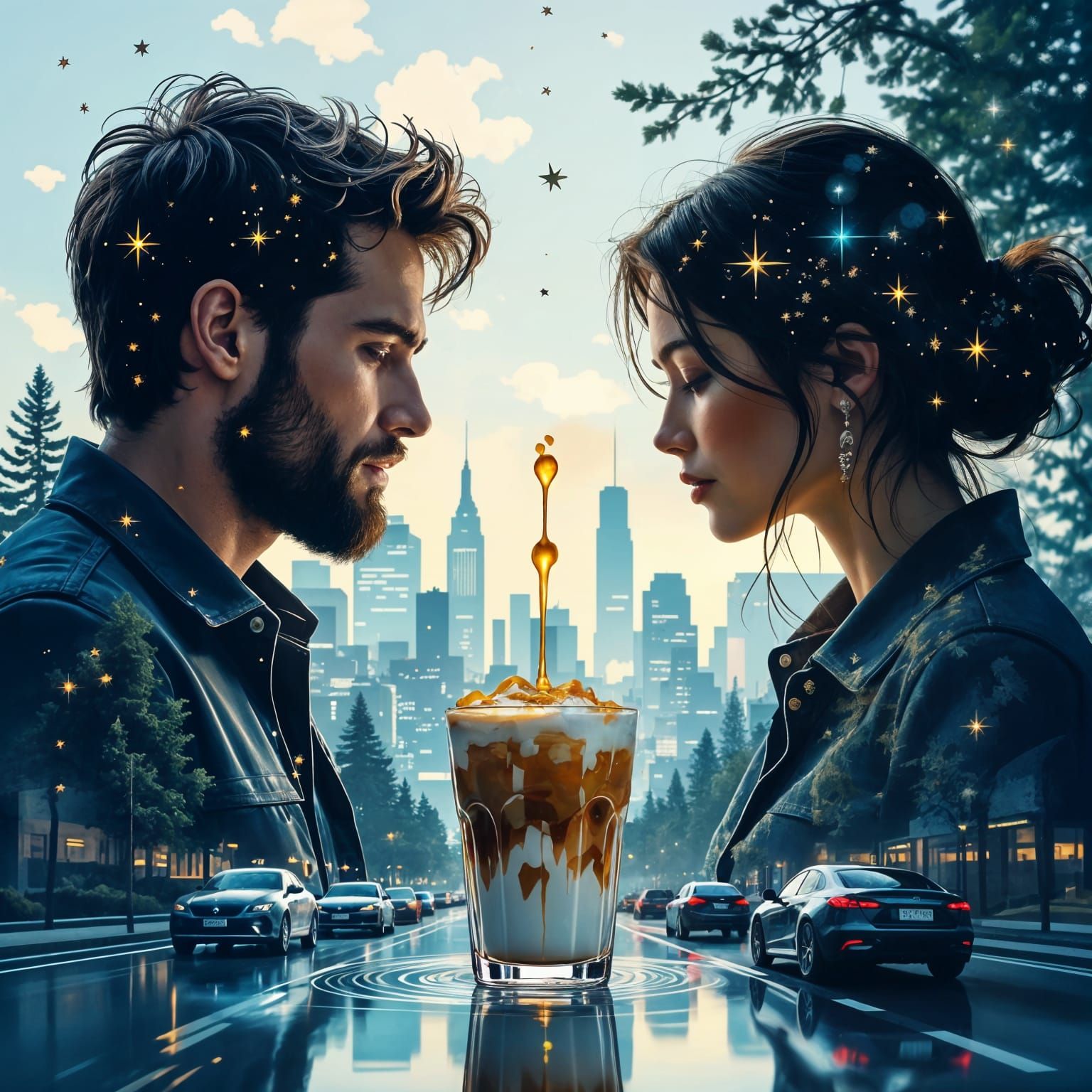 Ice Coffee Double Exposure: World of Trees and Cities