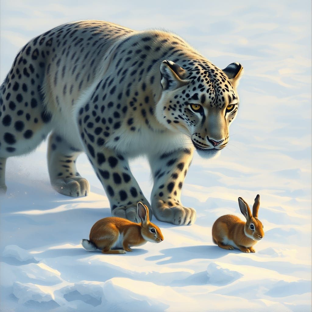 Snow Leopard Hunts Arctic Rabbit in Icy Expanse