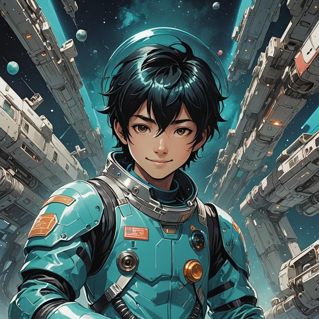 Smiling Asian Boy in Cyan Spacesuit: Anime Book Cover