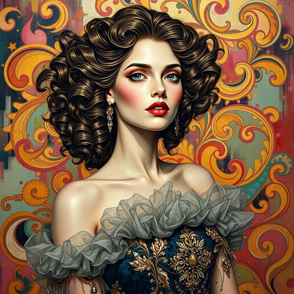 Elegant Woman in Baroque Gown with Art Nouveau Patterns and ...
