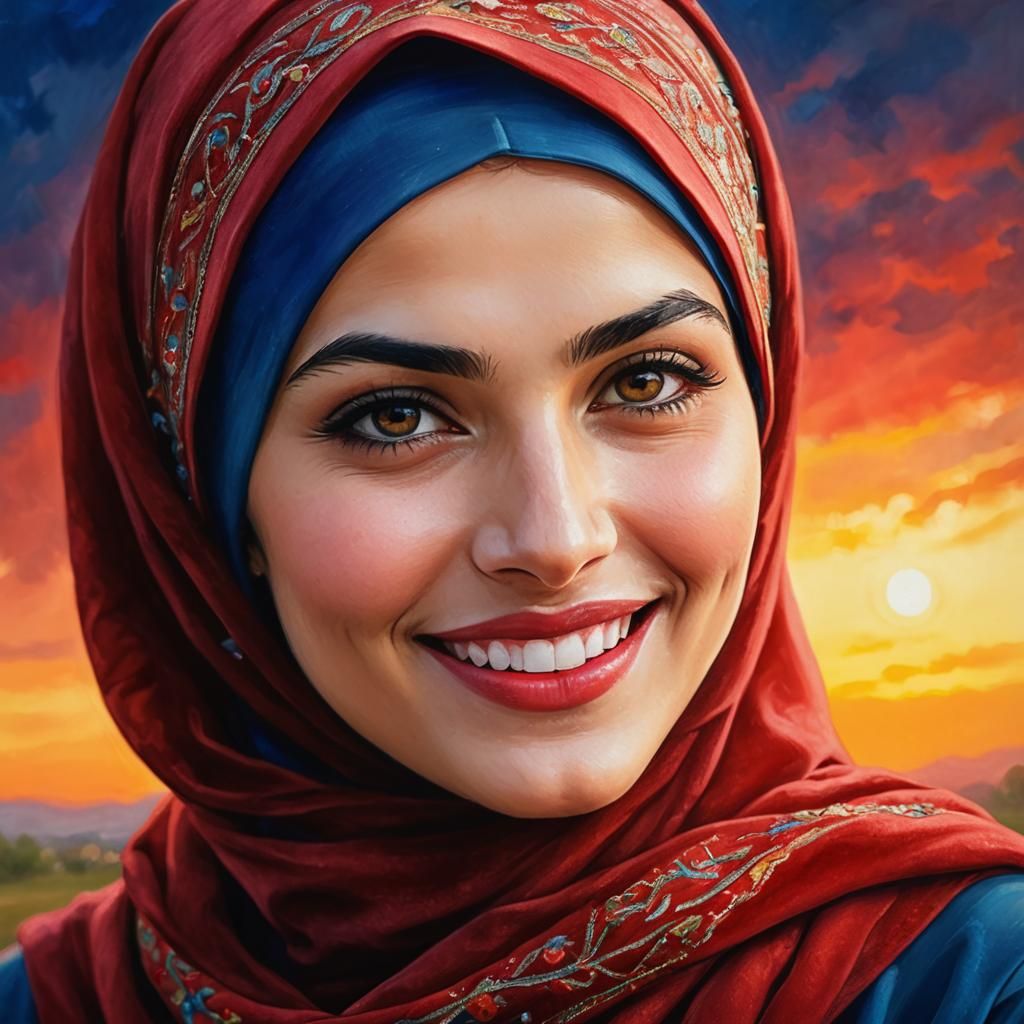 Iranian Girl in Heaven as Vintage Impressionist Oil Painting