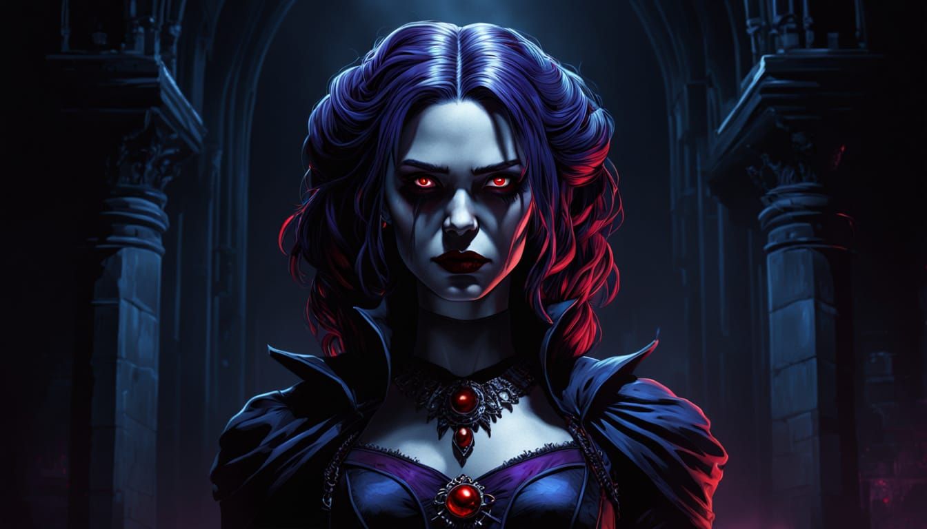 Gothic Queen Vampiress with Red Eyes: Digital Painting