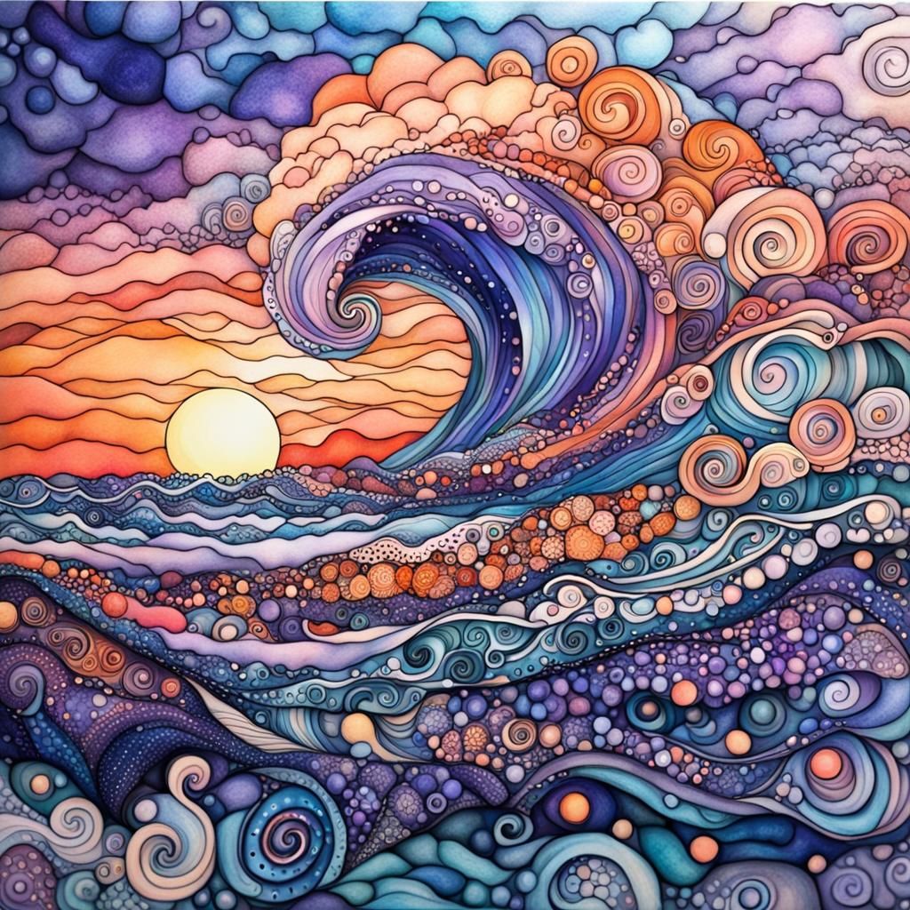 Hyperdetailed Zentangle Sunset with Alcohol Ink Swirls