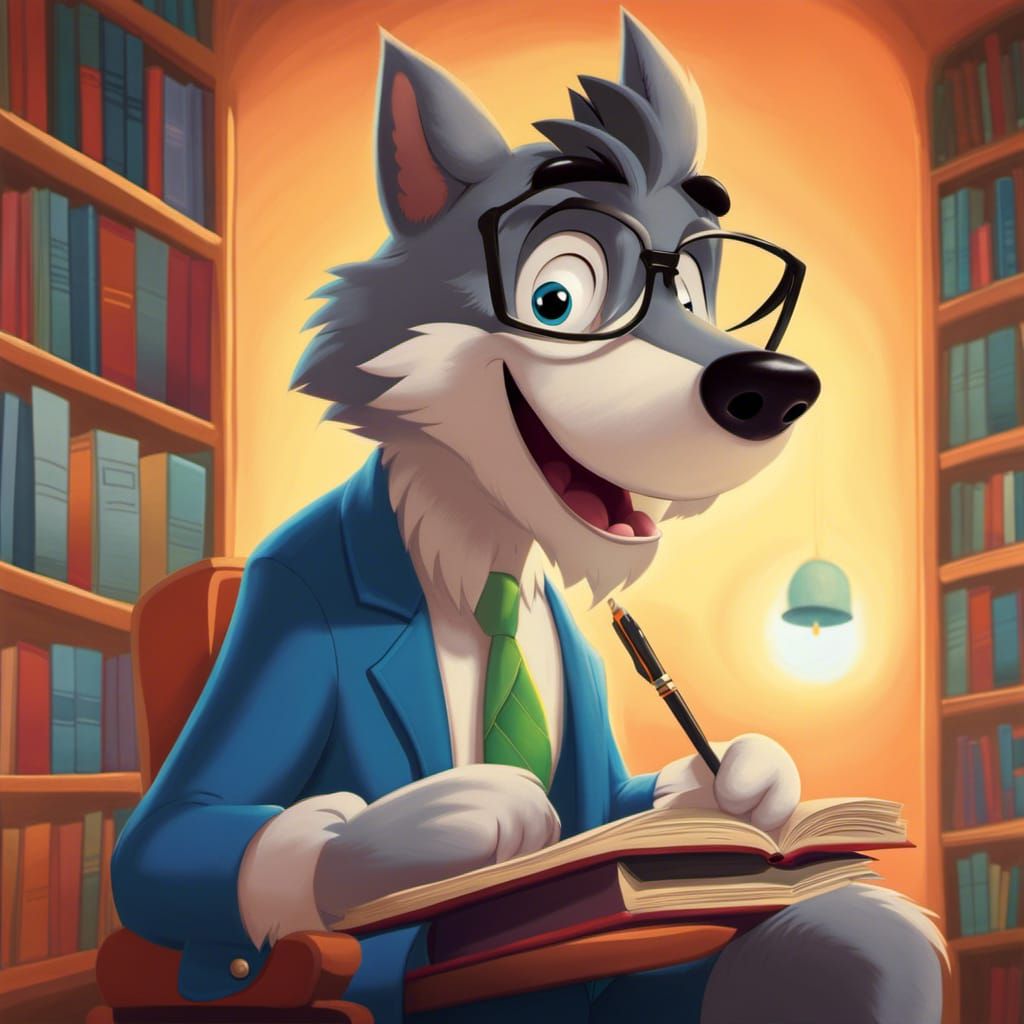 Nerdy Wolf in Library, Disney Cartoon Style