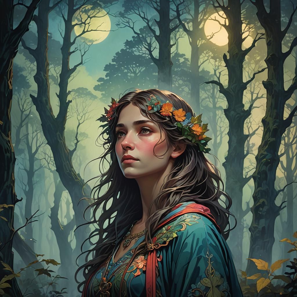 Moonlit Woman in Forest, Art Nouveau Portrait