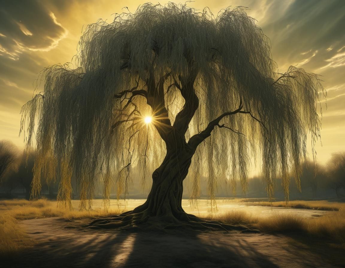 Weeping Willow Silhouette in Golden Light