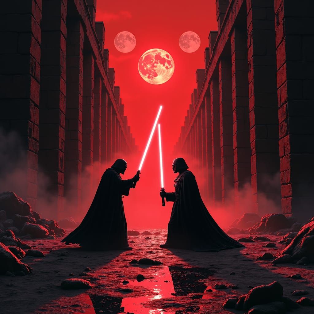 Lightsaber Duel in a Ruined Temple: Neo-Noir Style
