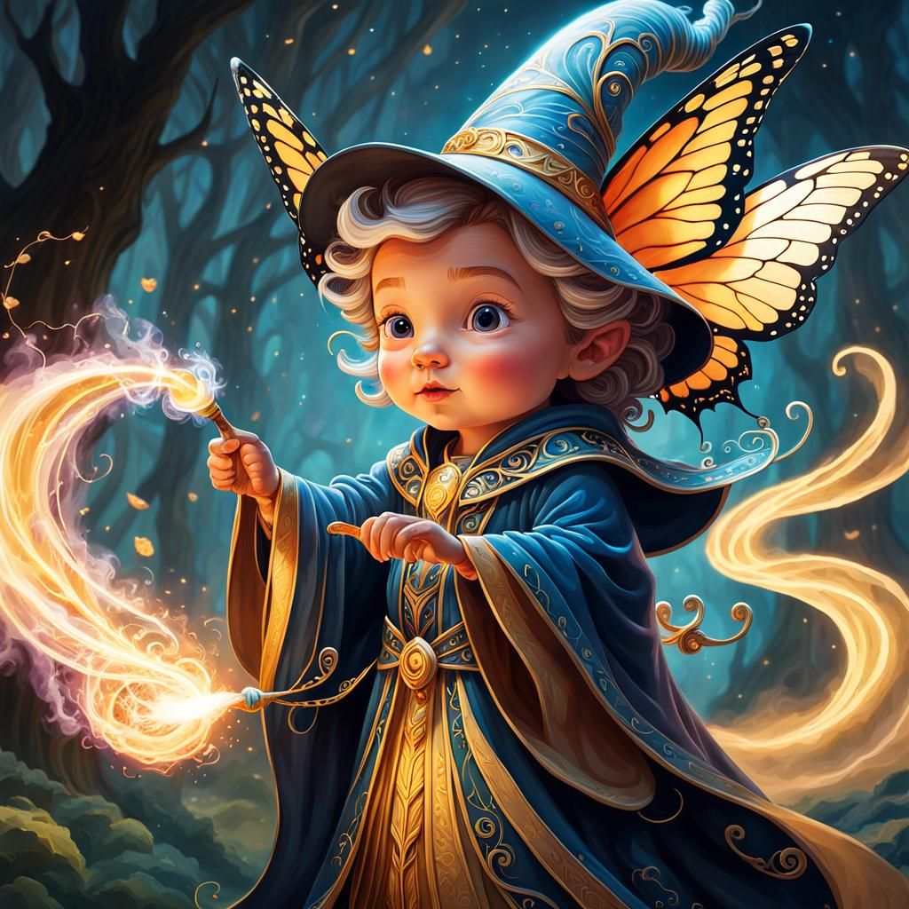 Butterfly Wizard Casting a Spell in Gouache Style