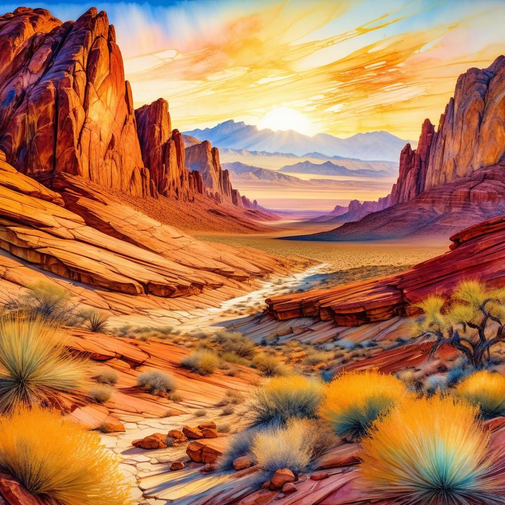Mojave Desert Canyon at Sunset in Watercolor Style
