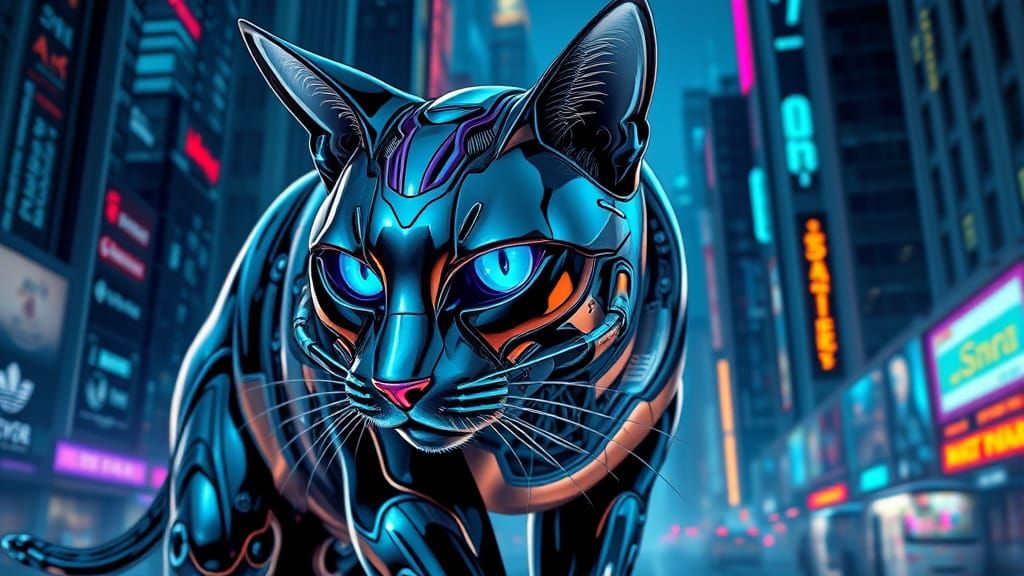 Futuristic Chrome Cat Prowls Hologram Cityscape