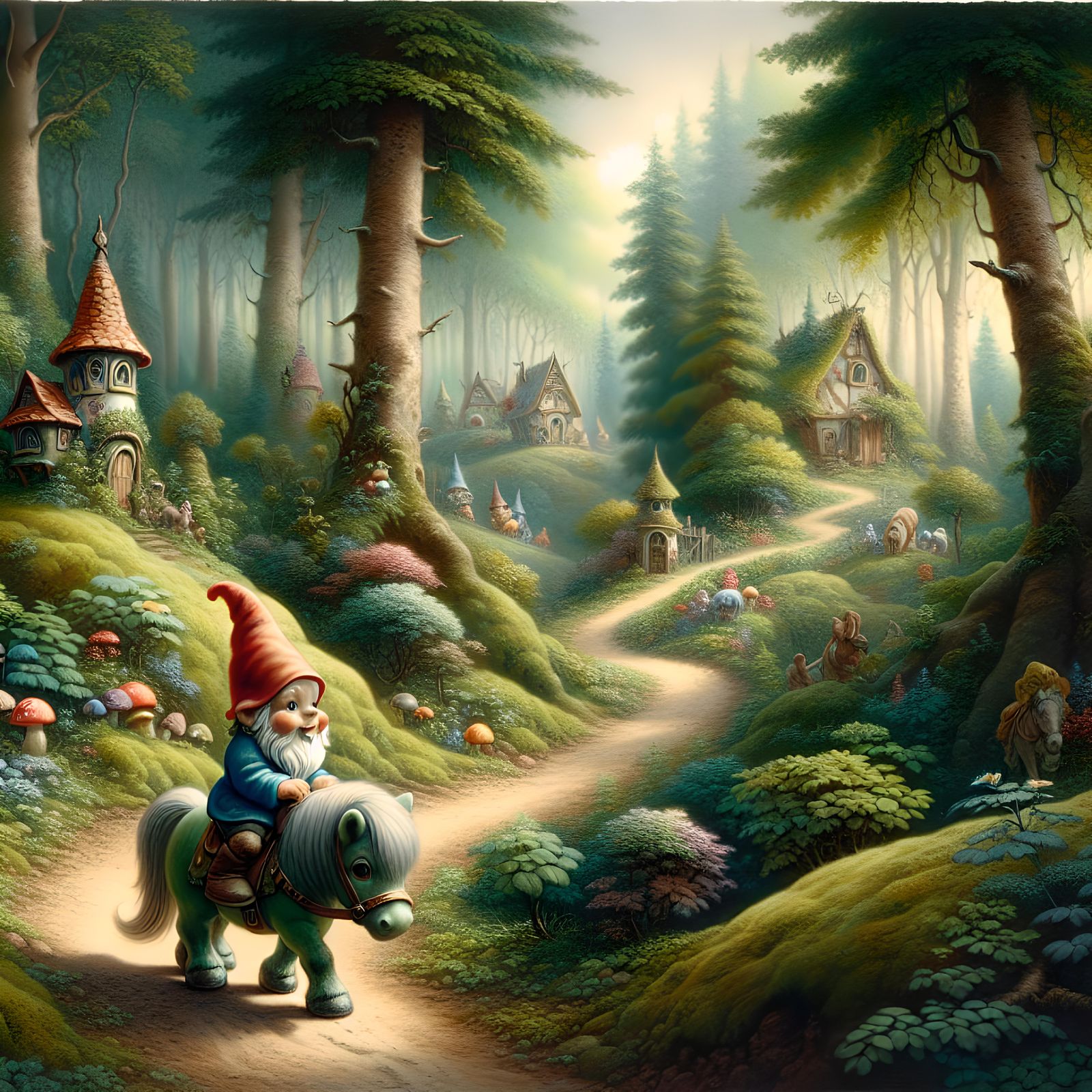 Cute realistic Garden gnome riding a pony on a dirt road, heading toward gnome village, forest surrounding, style of lat...