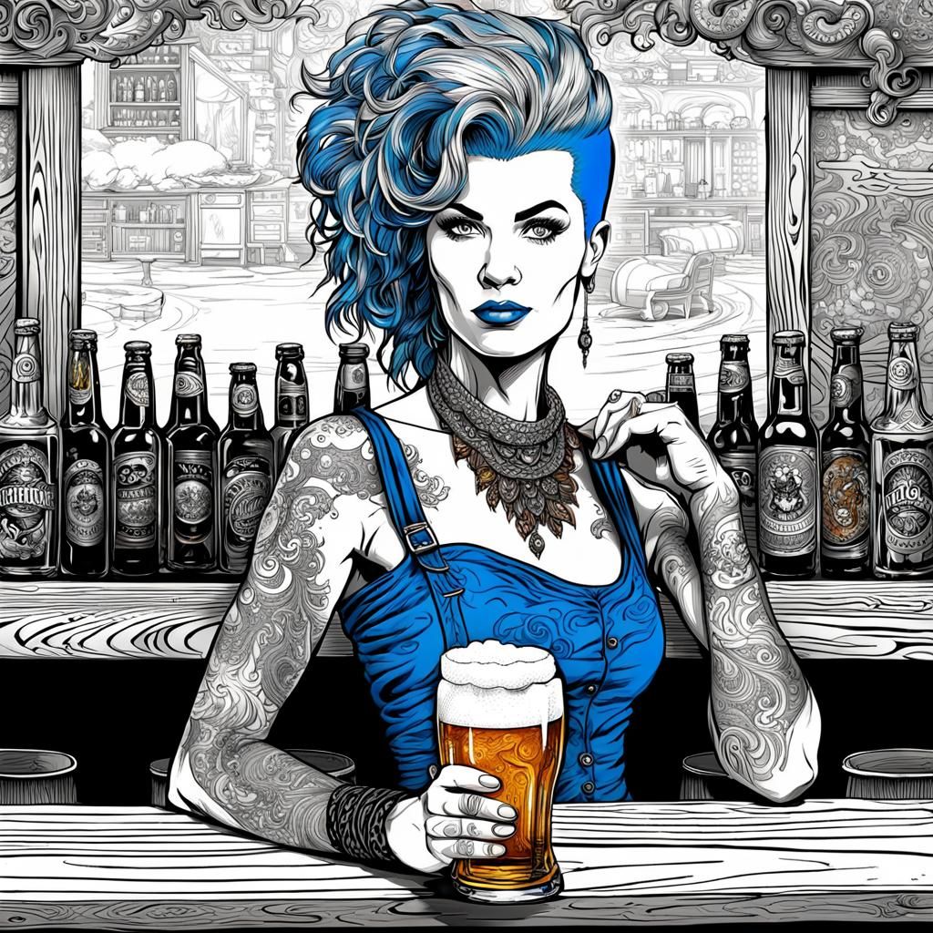 Blue-Haired Bartender with Beer, in Comic Book Style