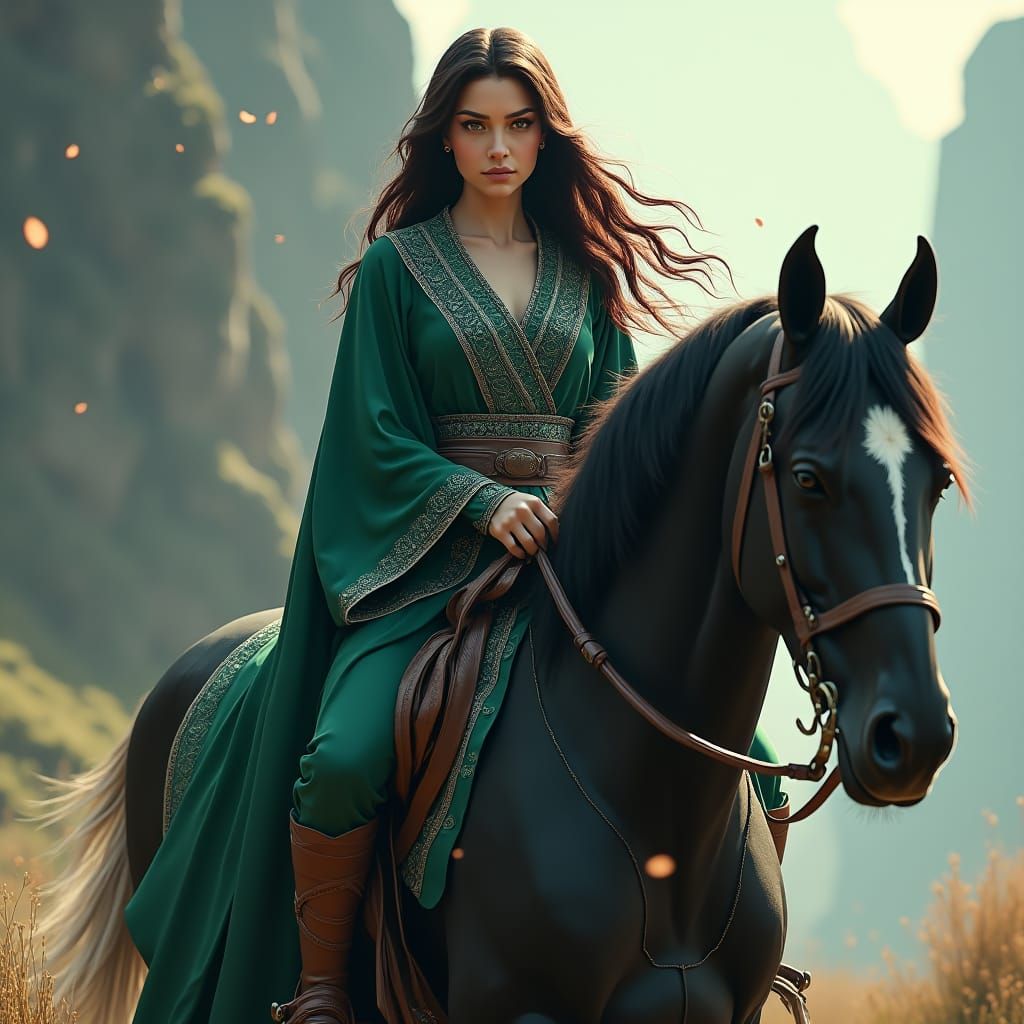 Woman on Black Stallion in Fantasy Landscape
