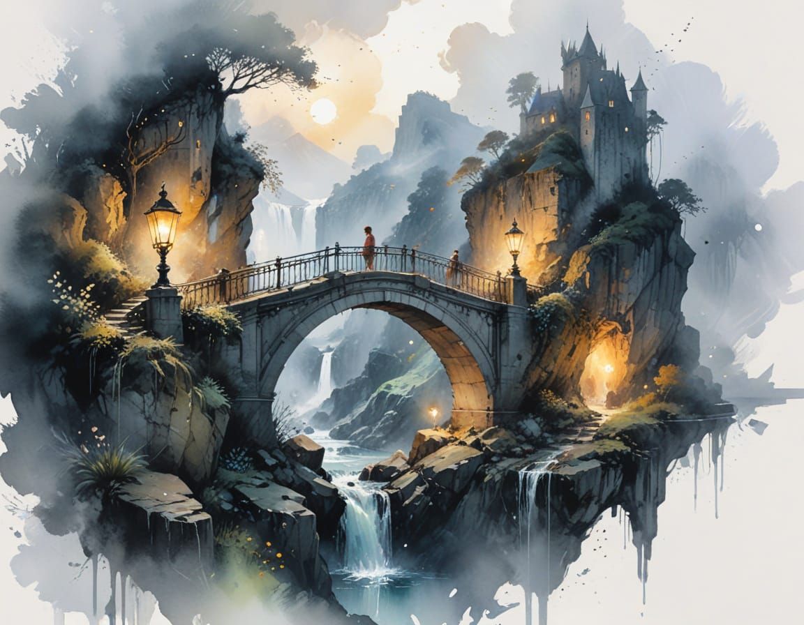 Enchanted Bridge Over Misty Gorge With Cosmic Sky