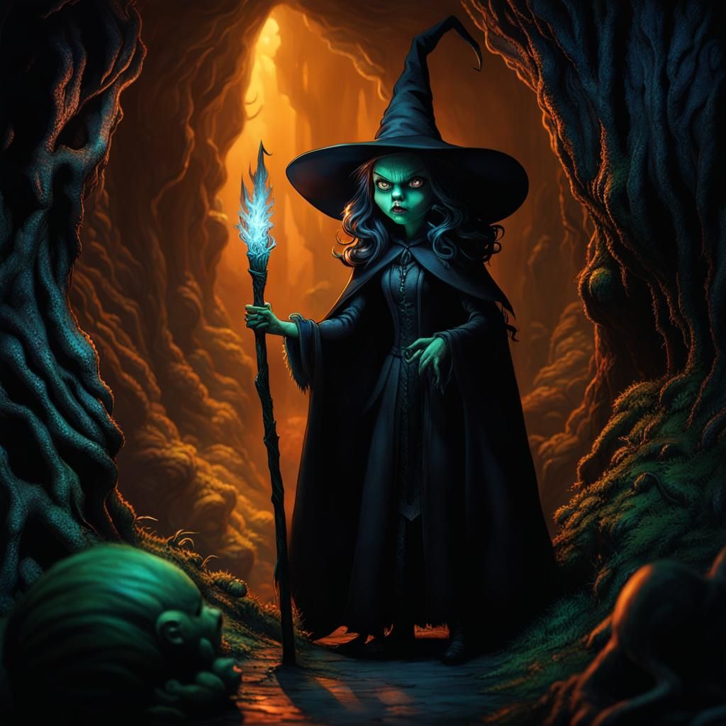 In a dark cave, a wicked witch with glowing eyes, a twisted staff, and a coven of malevolent creatures creates an eerie ...