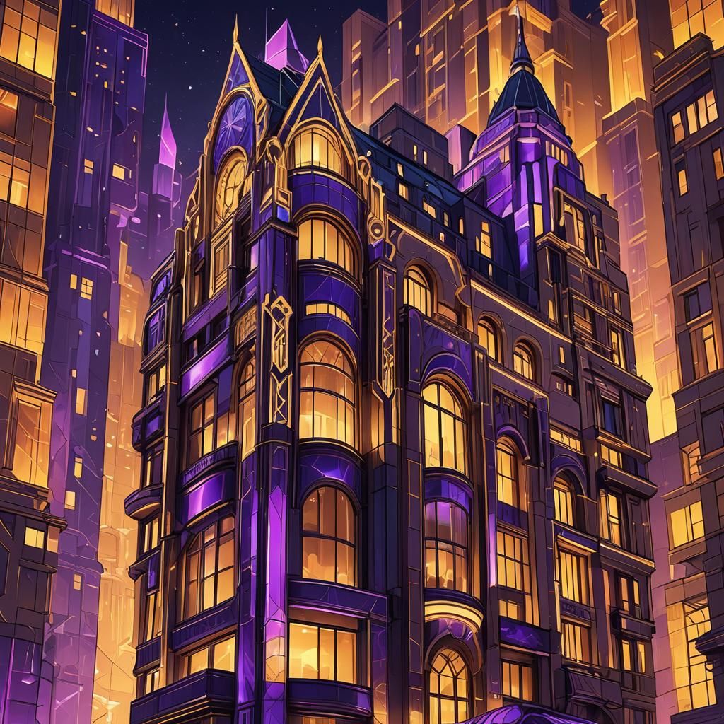 Art Deco Architecture at Night in Digital Art Style