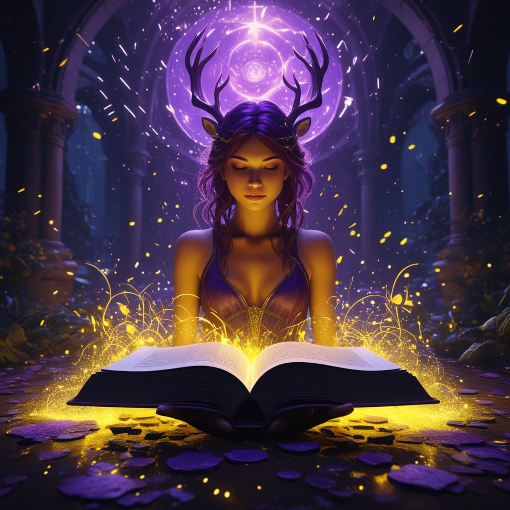 Magical Book Glows, Fawn Woman in Fantasy Art