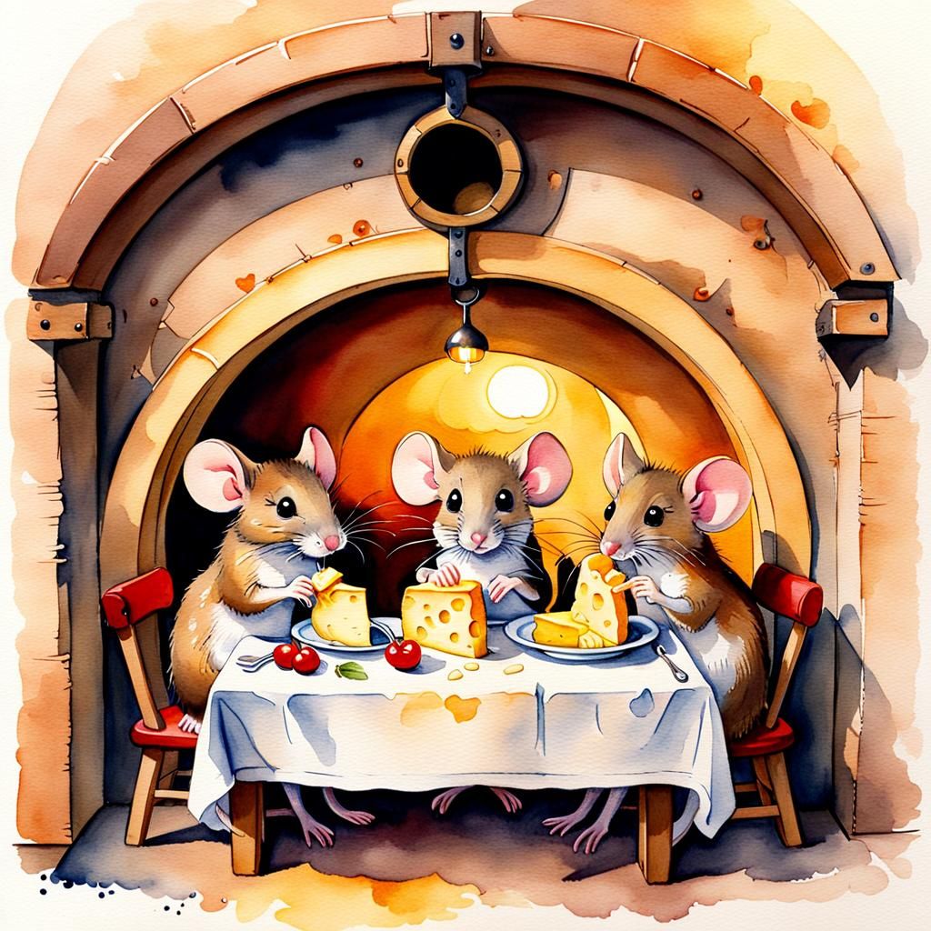 Watercolour painting of mice sitting at a dinner table eating cheese in a cosy mouse hole