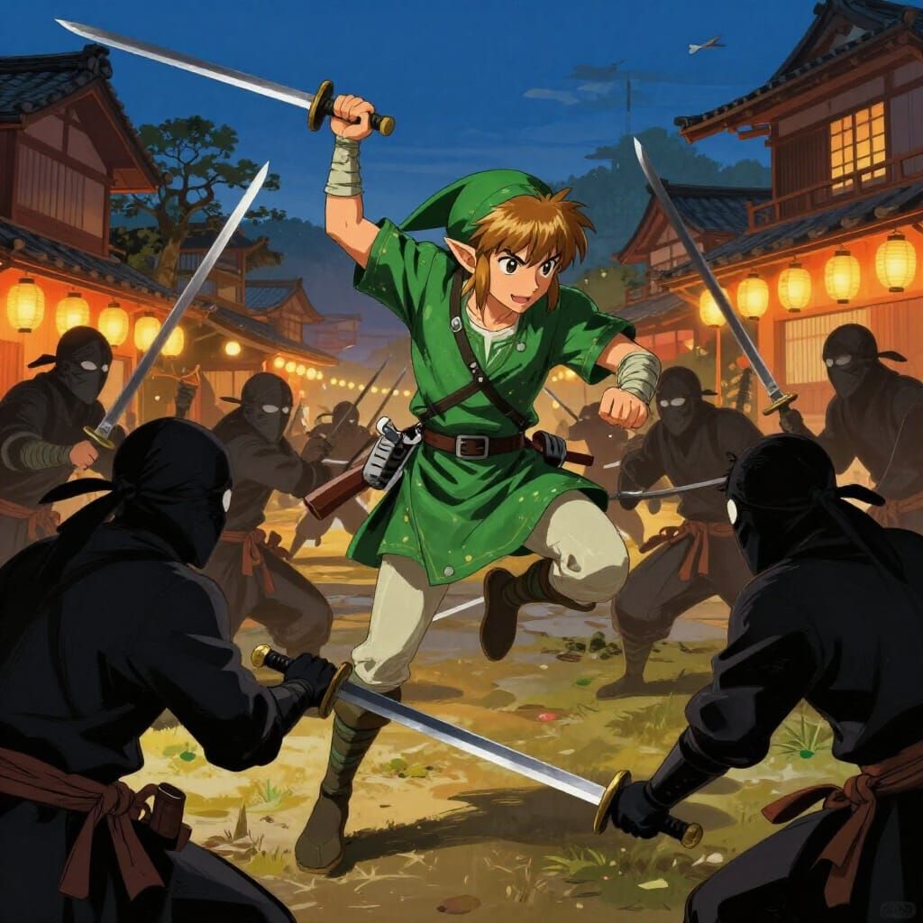 Link Battles Ninjas in Japanese Village at Dusk