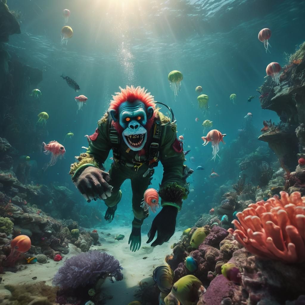 Zombie Monkey Clowns Scuba Diving: Digital Matte Painting