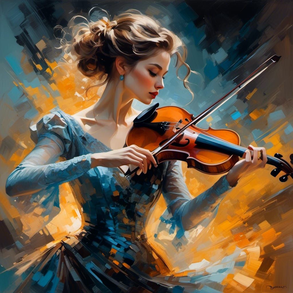 Woman Dancing with Violin: Impressionist Gouache Illustratio...