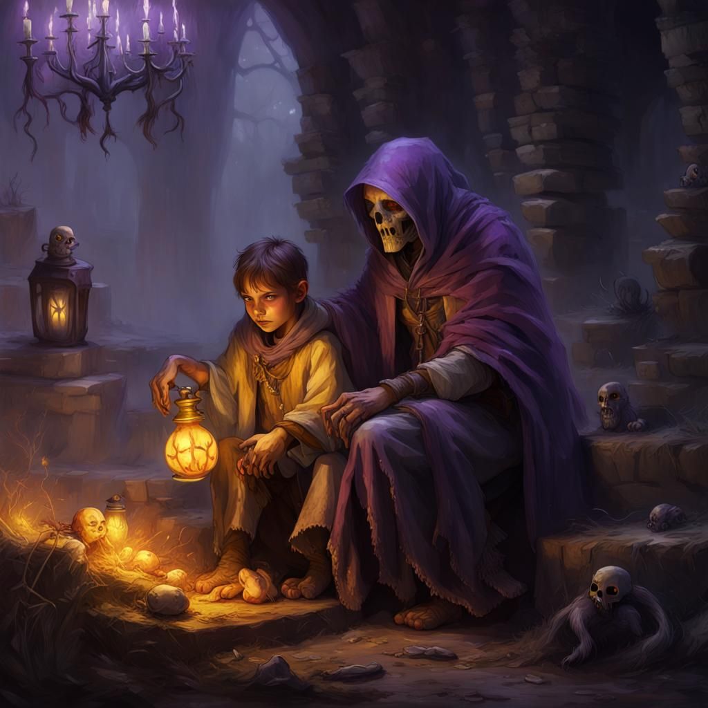 Kind Necromancer Helping a Child: Dark Fantasy Art