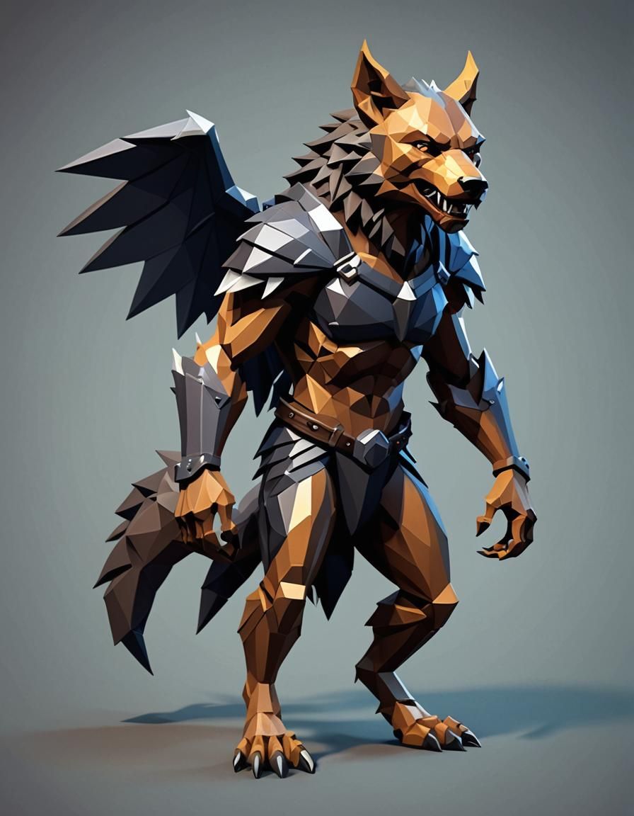 Low Poly Winged Female Werewolf Illustration