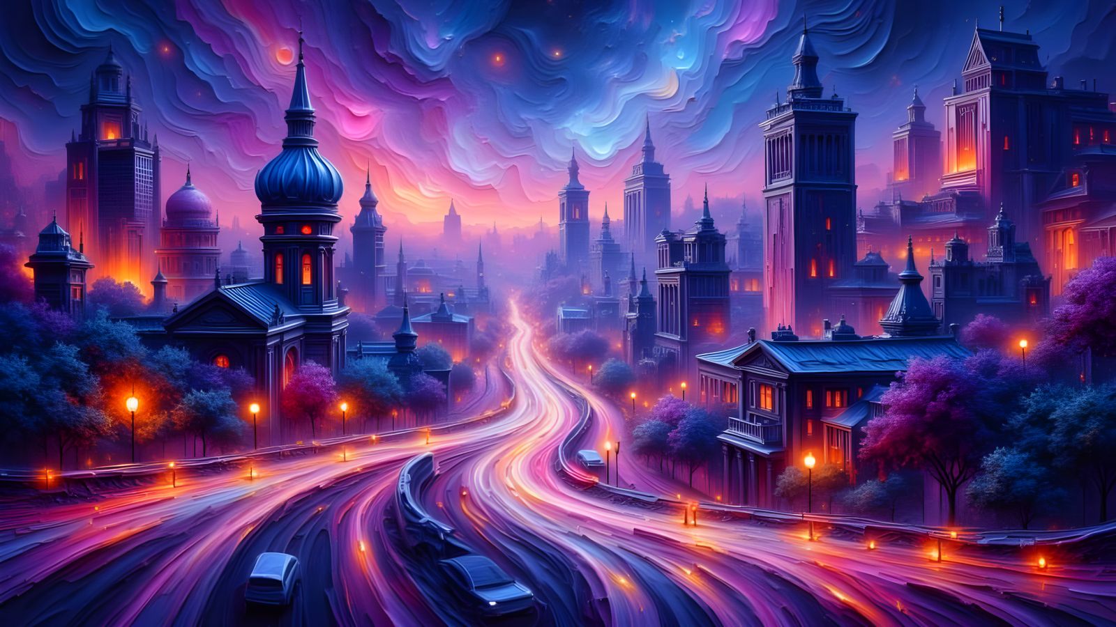 Dreamy Cityscape at Night as Impasto Painting