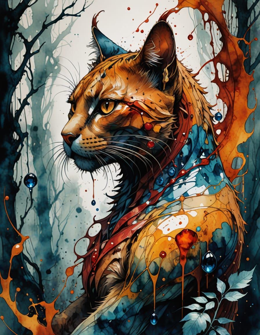 Abstract Cat Sketch in Mystical Forest, Watercolor and Ink S...