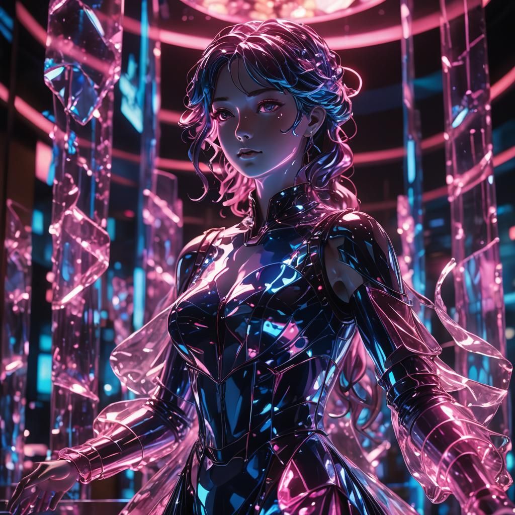 Cinematic Anime Glass Statue Shines in Neon Lights