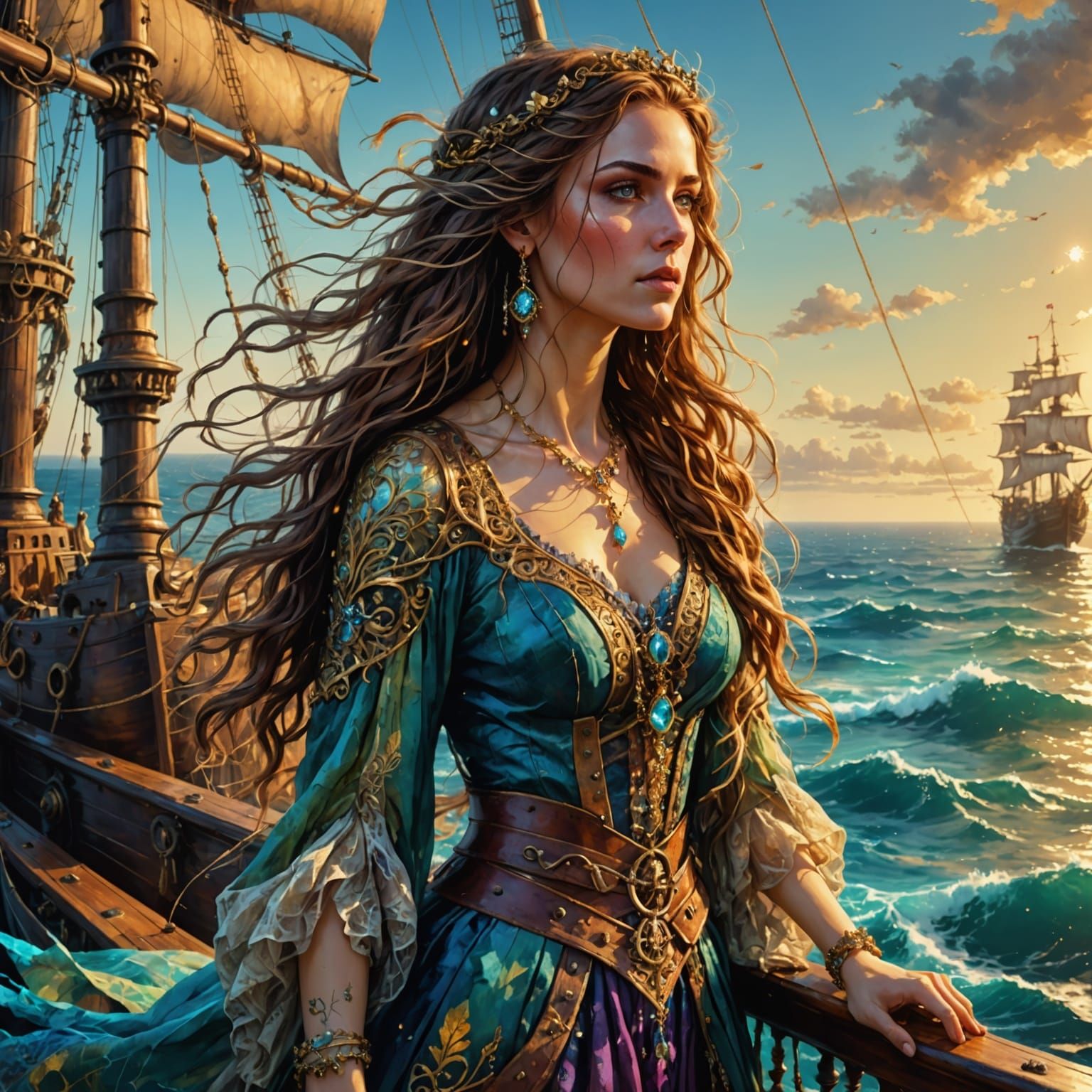 Pirate Queen Gazing at Sea, Watercolor Style