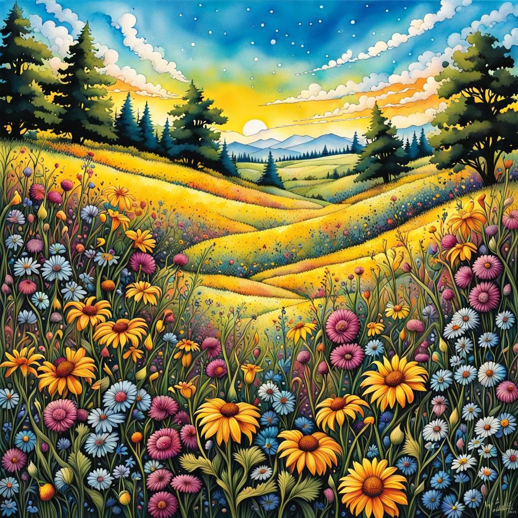 Ink Splatter Art: Sunny Wildflower Meadow