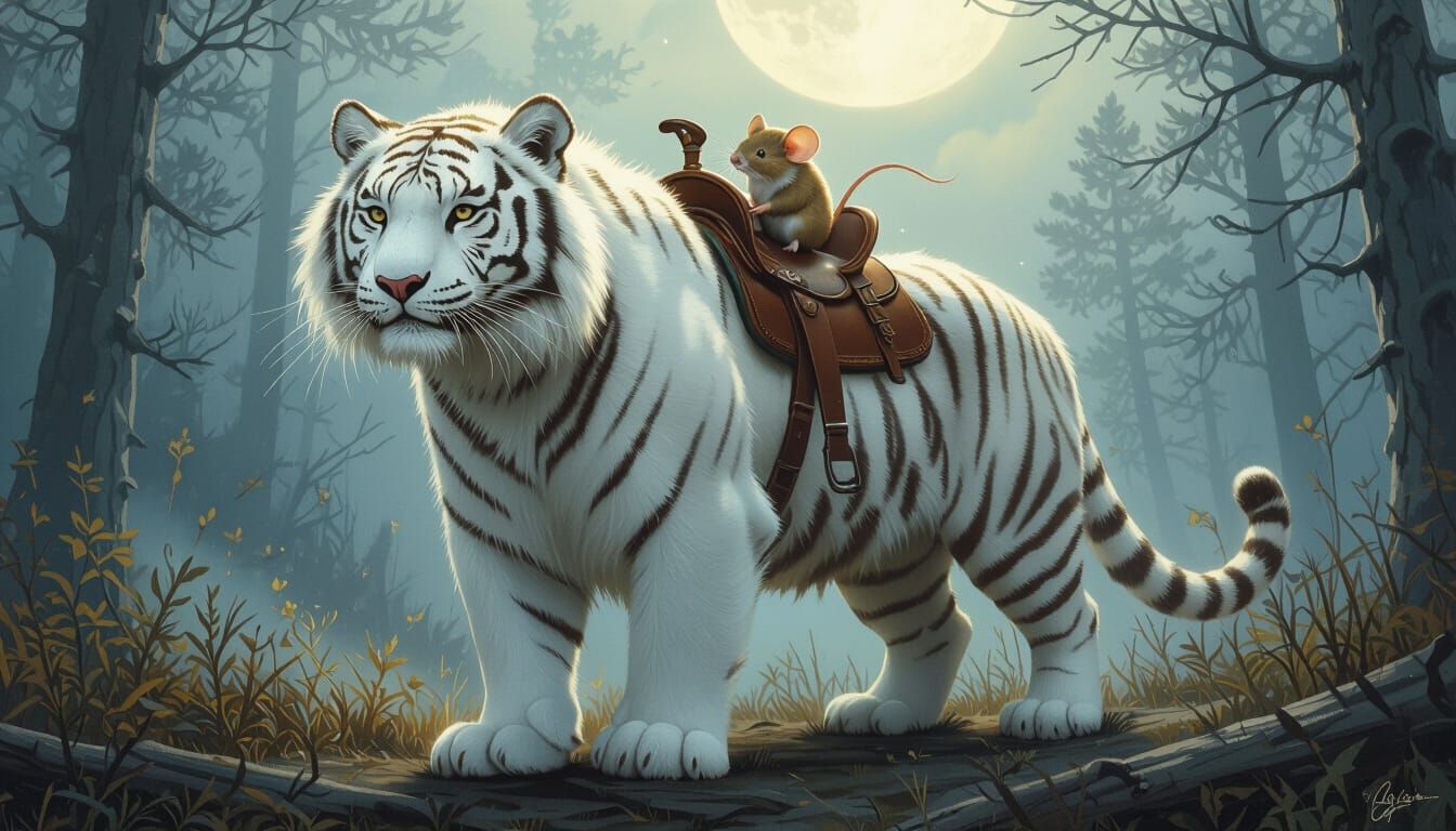 White Tiger with Mouse Companion in Misty Forest