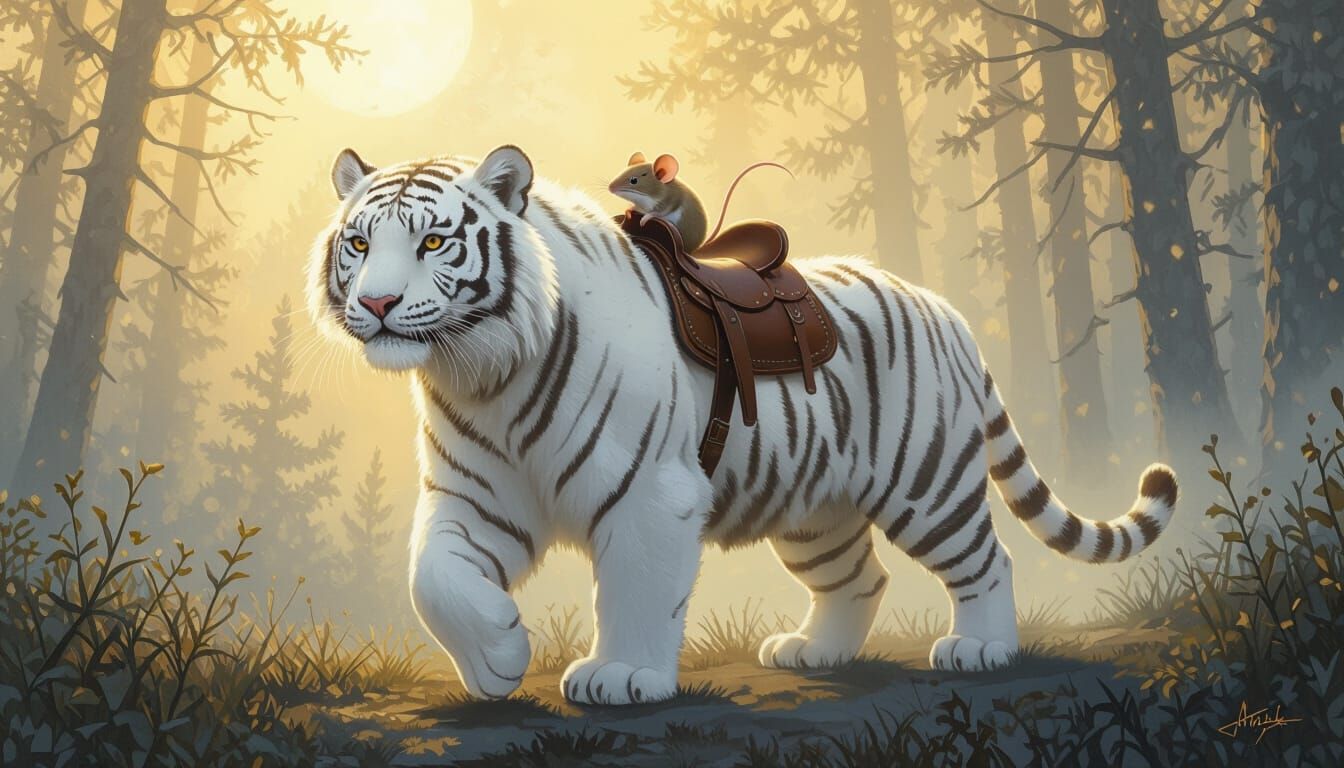 Tiger Carries Mouse Through Moonlit Forest in Impressionist ...