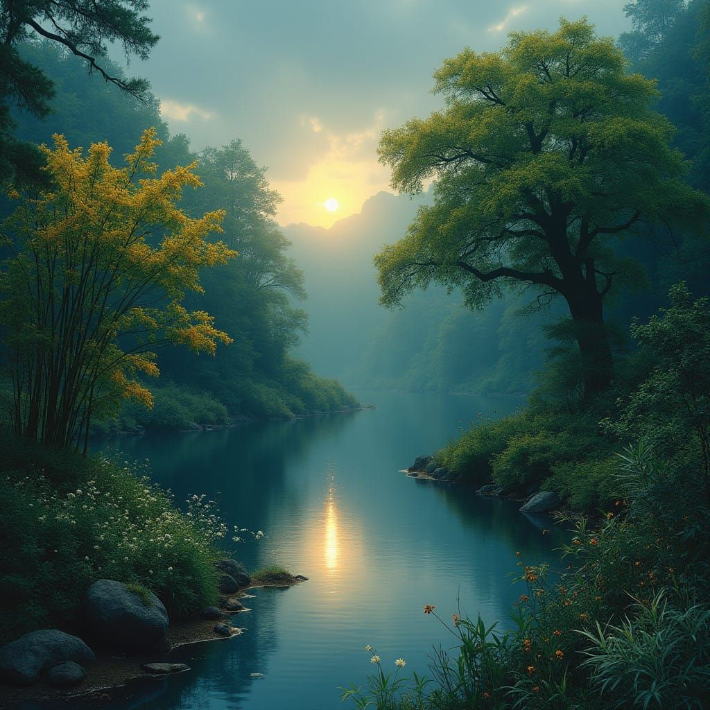 Surreal Nature at Dawn, Evoking Stillness and Serenity