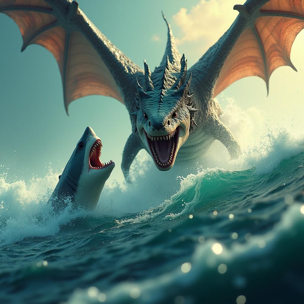Shark Attacks Dragon in Epic Cinematic Battle