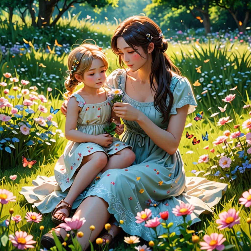 Hyper-Realistic Anime Portrait of Mother and Child