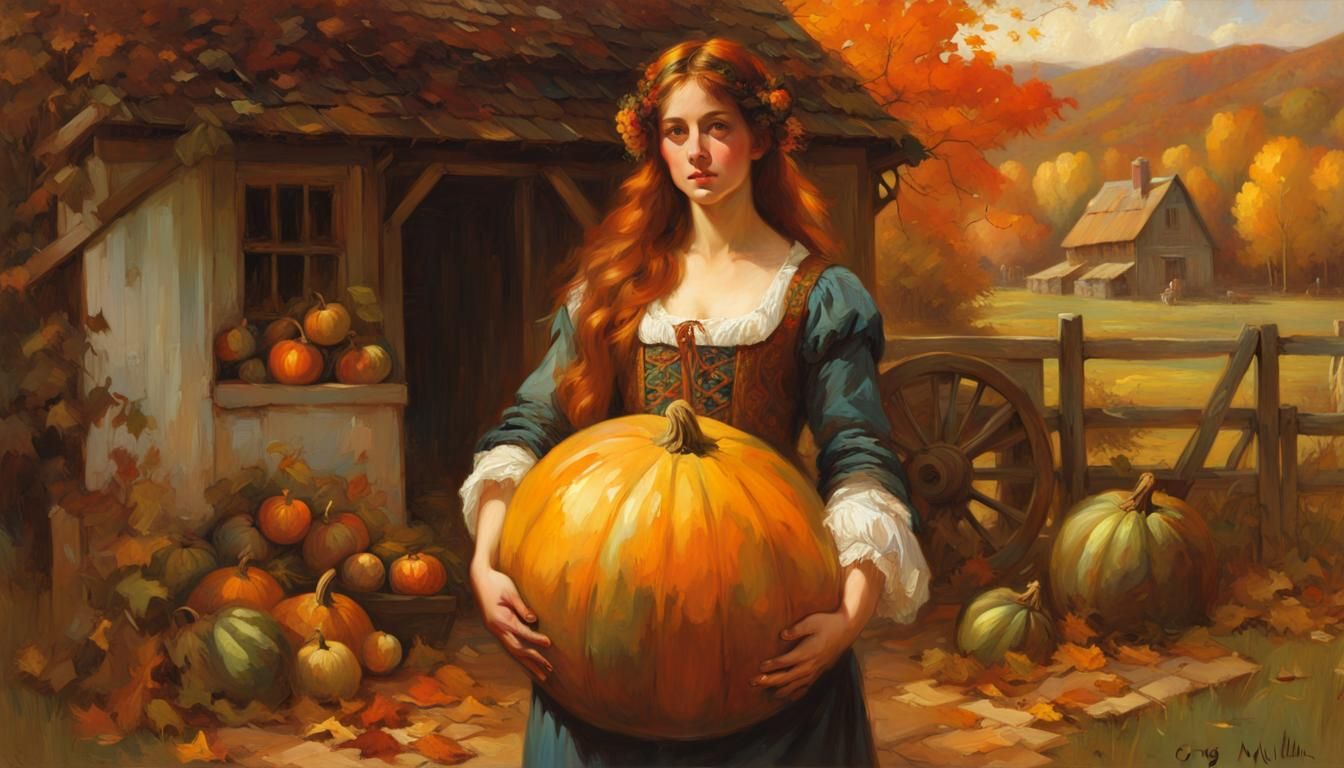 Pre-Raphaelite Maiden at Autumn Farmstead Oil Painting