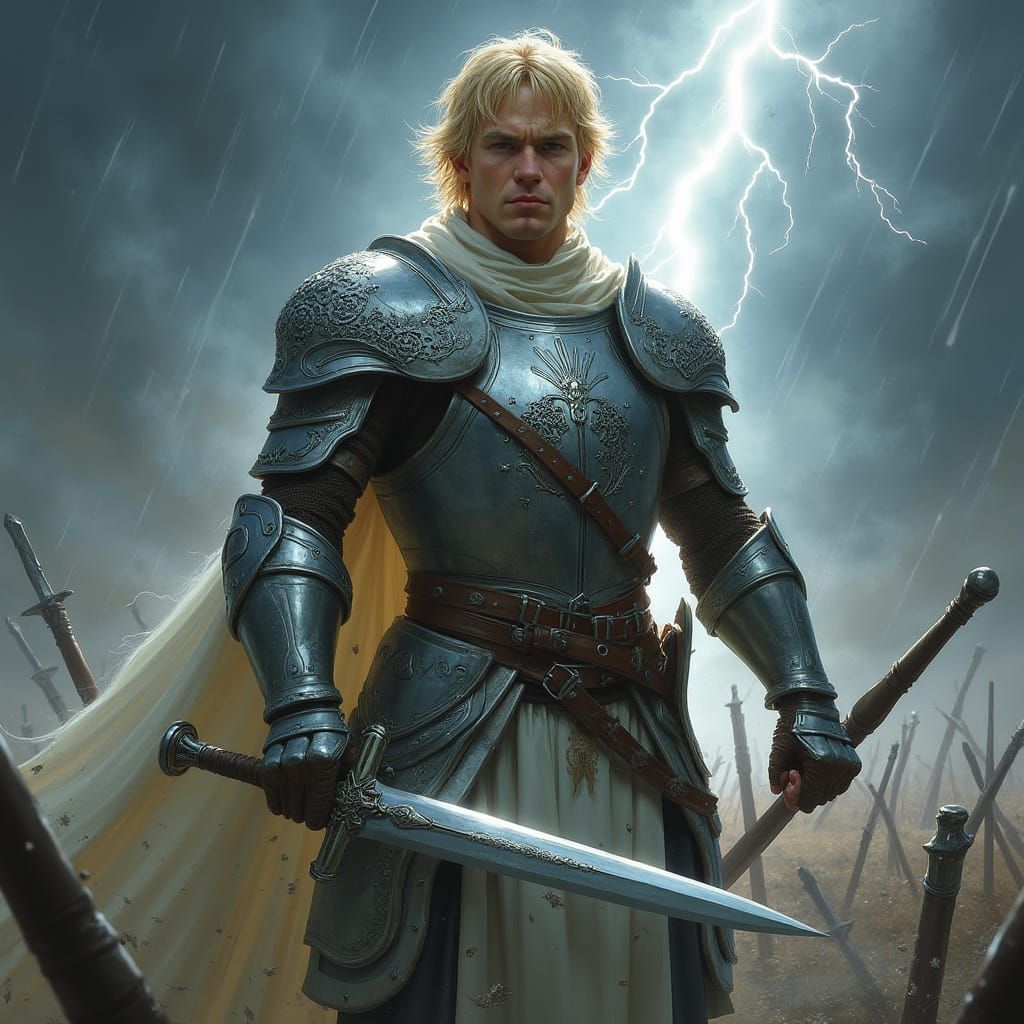 Stormy Battlefield Knight in Hyperrealistic Style