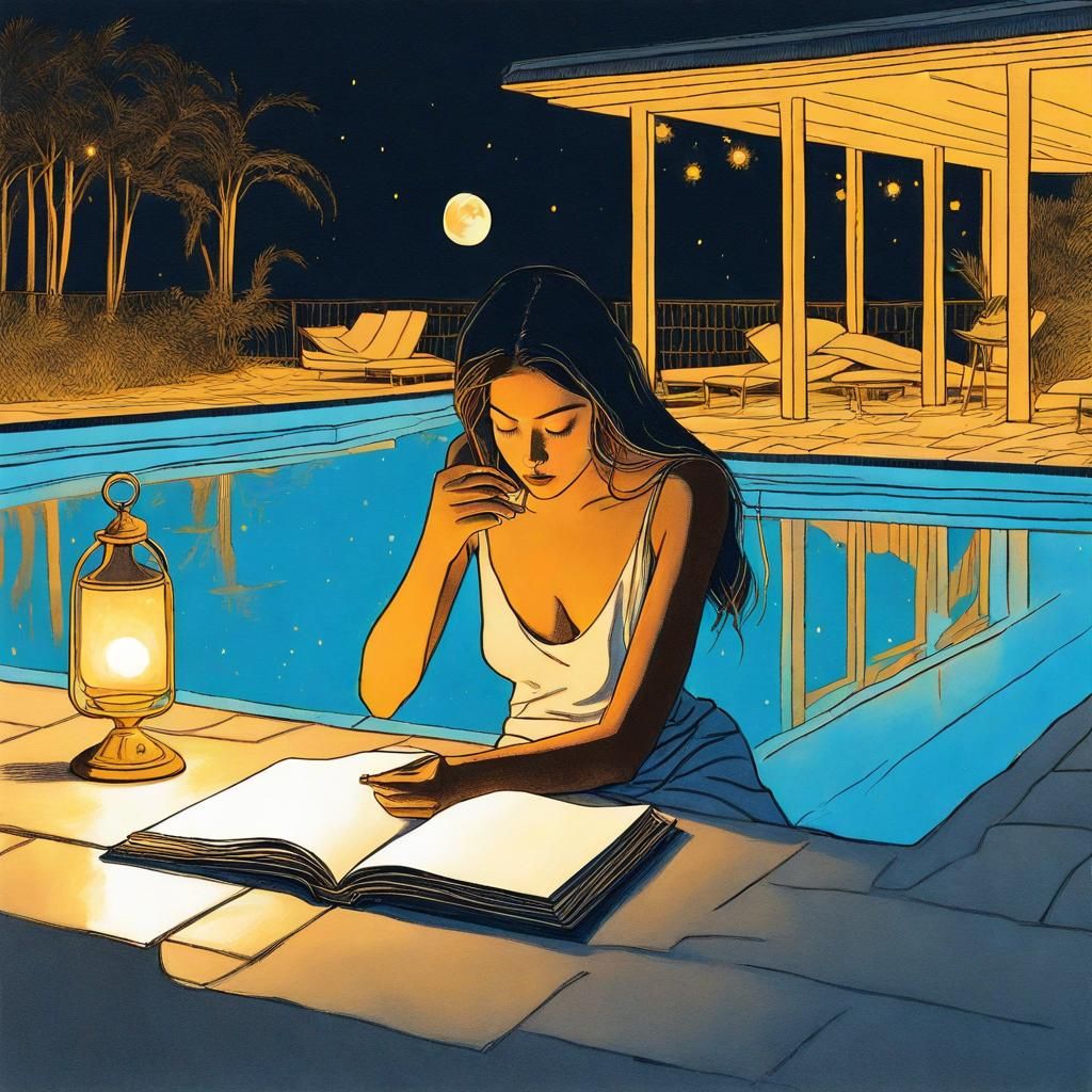 Woman Reading by Pool Under Fairy Lights