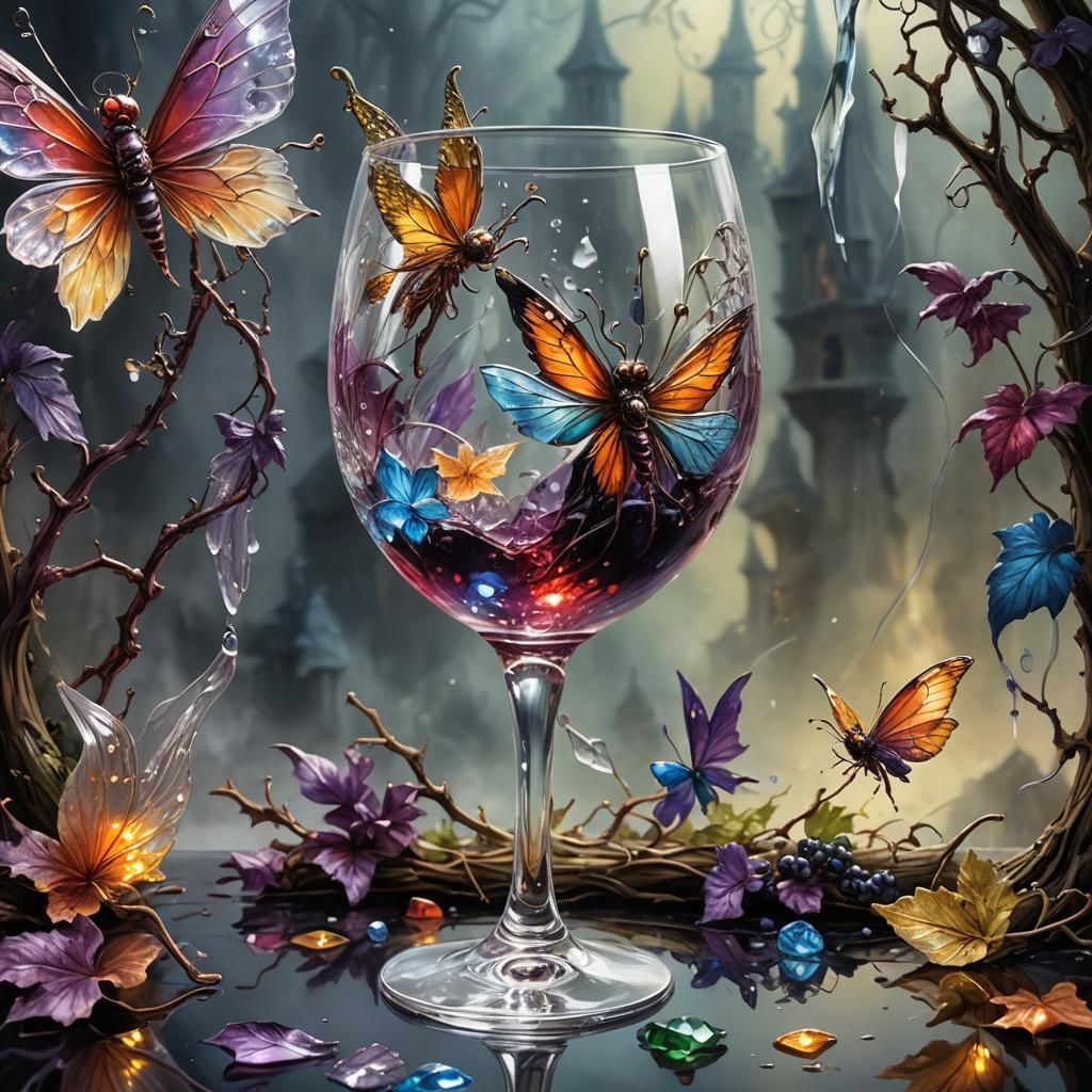 Fairy in Crystal Wine Glass: Hyperrealistic Digital Art