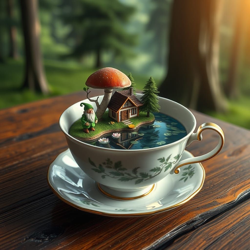 Gnome in Teacup: A Surreal Miniature Landscape