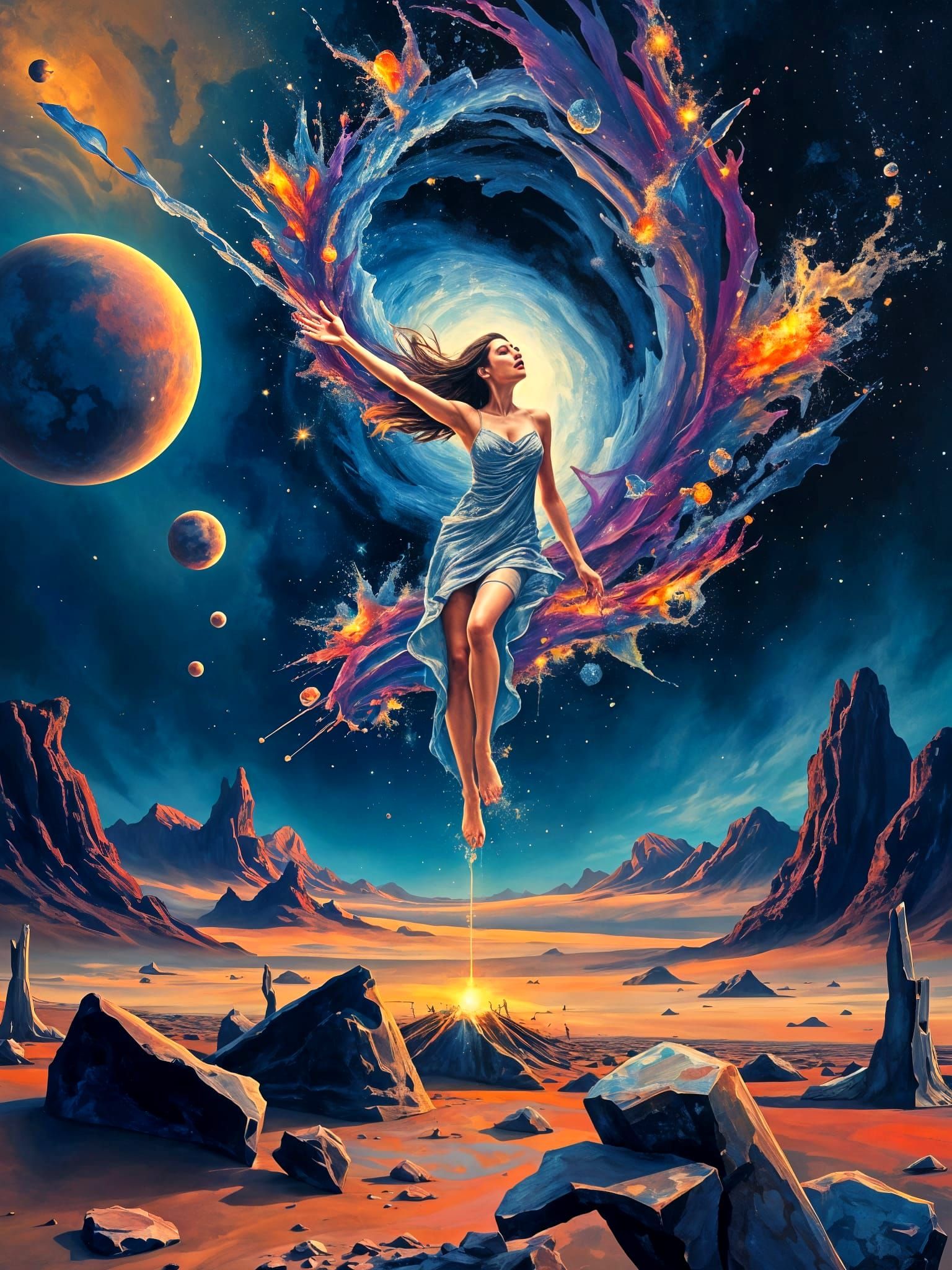 Cosmic Singer Levitate Above Alien Landscape