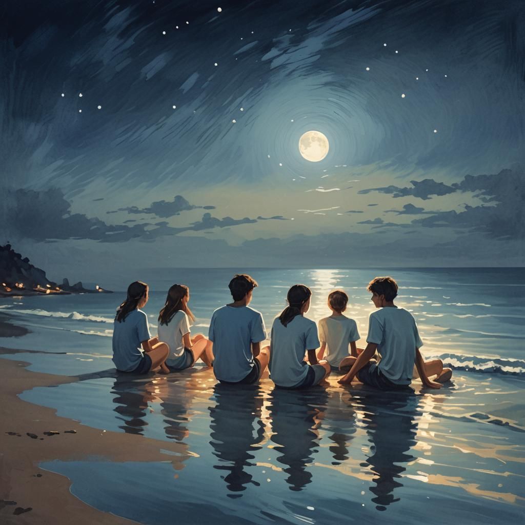 Nocturnal Coastal Scene: Friends Under Moonlight in Digital ...