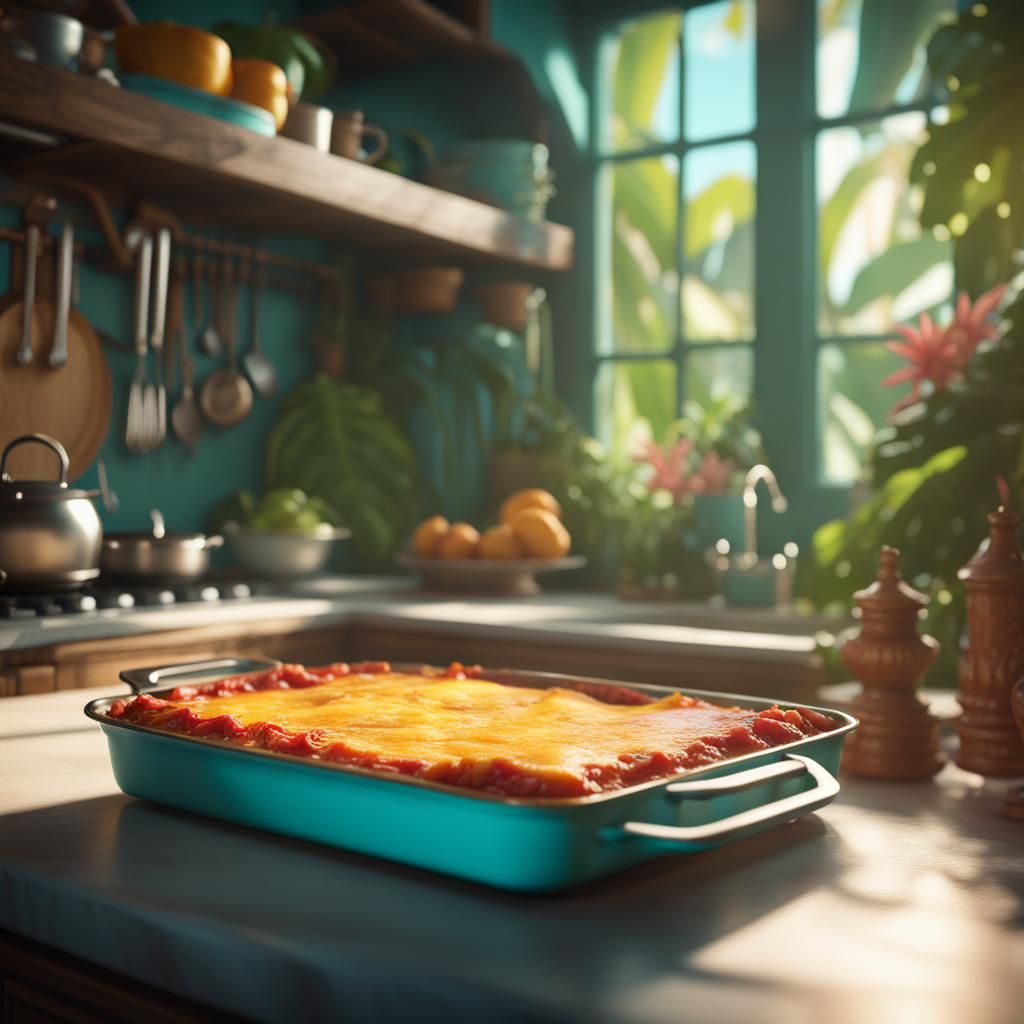 Ethereal Lasagna in Tropical Solarpunk Kitchen