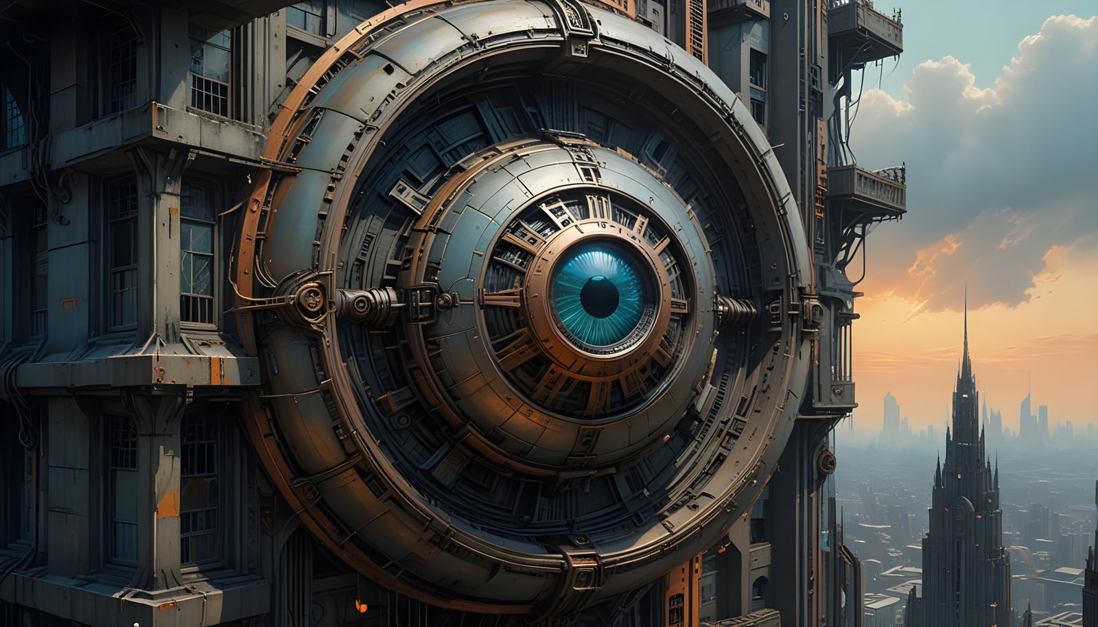 Cyberpunk Metal Orb Hidden Amidst Skyscrapers