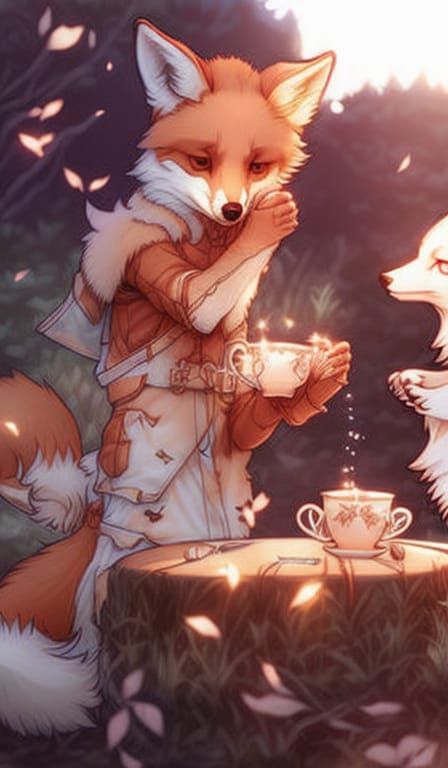 Fox Kit Sipping Tea in Fantasy Tea House